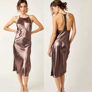 Intimately Free People L Sunset Shimmer Satin Midi Slip‎ Dress Rose Metallic